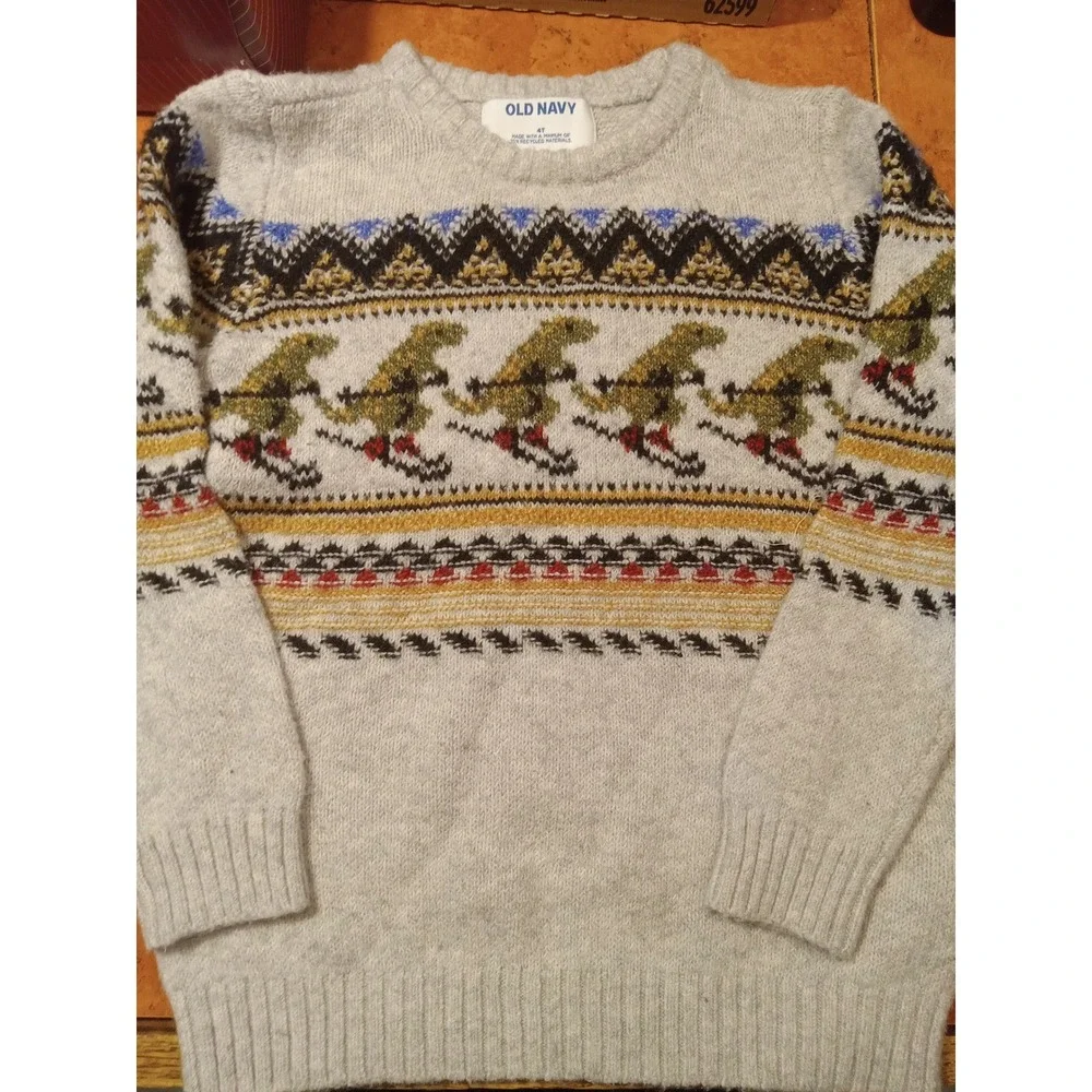 Old Navy Toddler 4T Gray Fair Isle Skiing Dinosaur Cotton Blend Knit Sweater